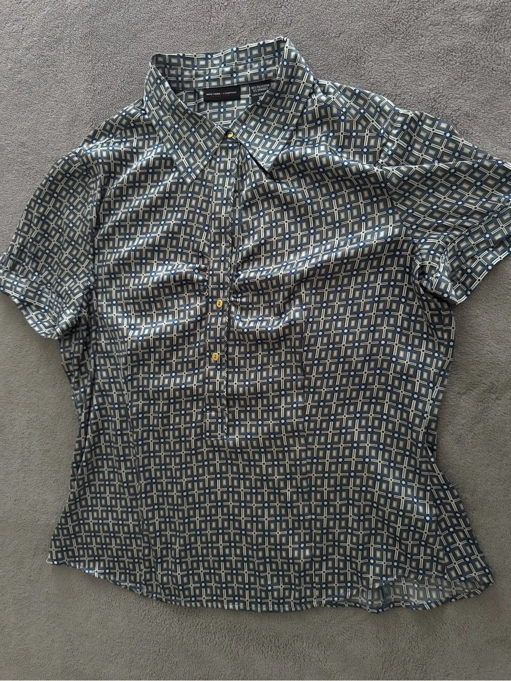 New York & Company Navy and Cream Geometric Short-Sleeve Blouse